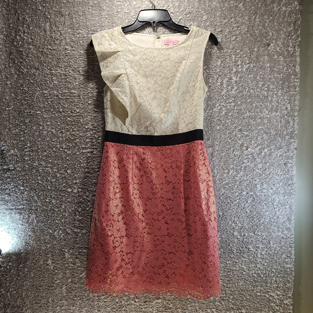 Lilly Pulitzer Delila Race For This Lace Combo Dress Lined Size 4 Pink, White